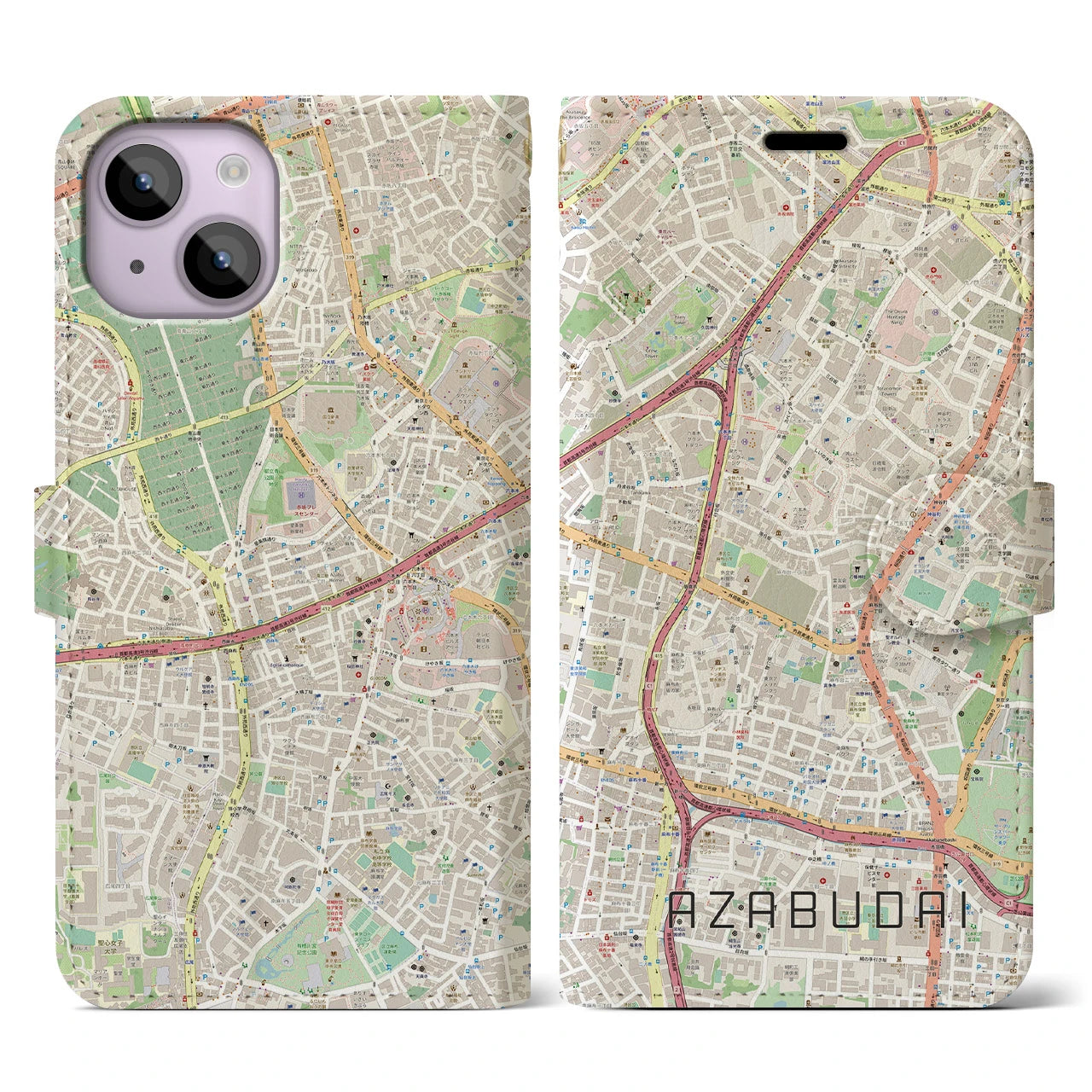 【麻布台(東京都)】地図柄iPhoneケース(手帳タイプ)ナチュラル・iPhone 14 用