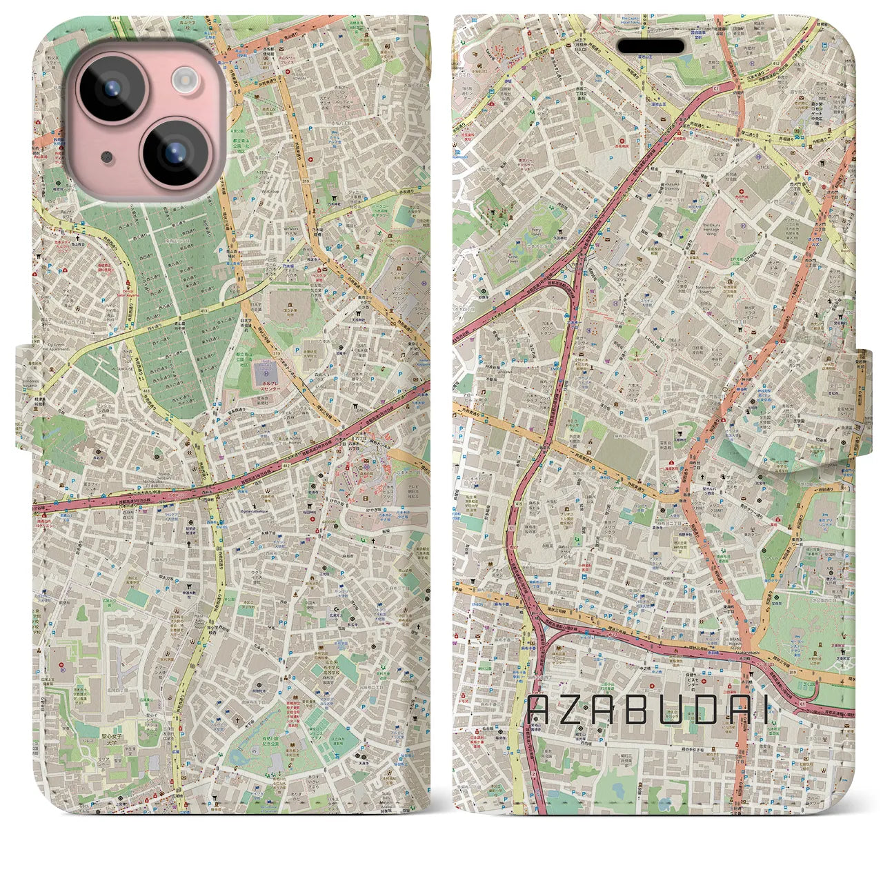 【麻布台(東京都)】地図柄iPhoneケース(手帳タイプ)ナチュラル・iPhone 15 Plus 用