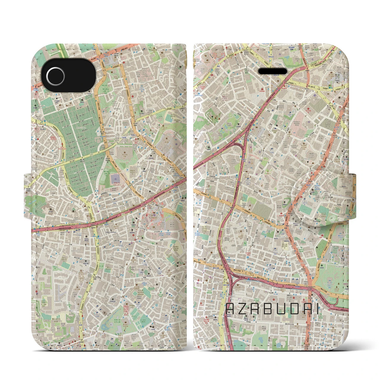 【麻布台(東京都)】地図柄iPhoneケース(手帳タイプ)ナチュラル・iPhone SE(第3 / 第2世代) / 8 / 7 / 6s / 6 用