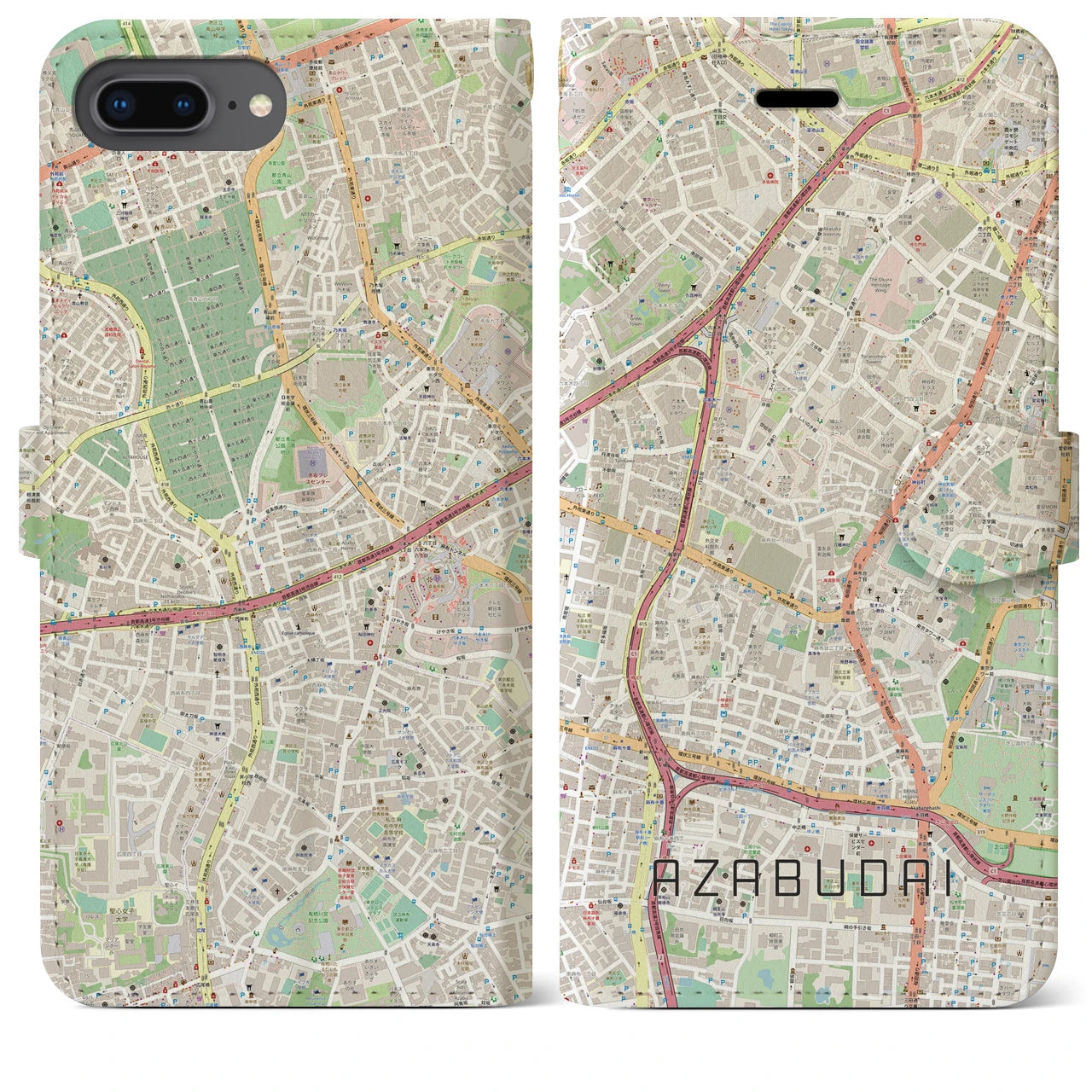 【麻布台(東京都)】地図柄iPhoneケース(手帳タイプ)ナチュラル・iPhone 8Plus /7Plus / 6sPlus / 6Plus 用