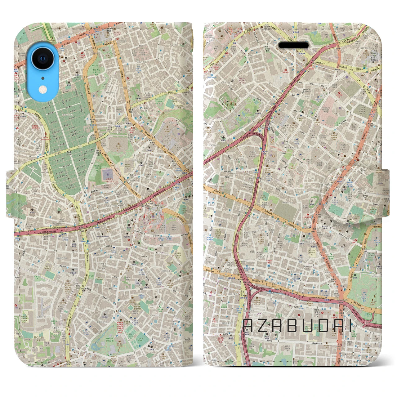 【麻布台(東京都)】地図柄iPhoneケース(手帳タイプ)ナチュラル・iPhone XR 用