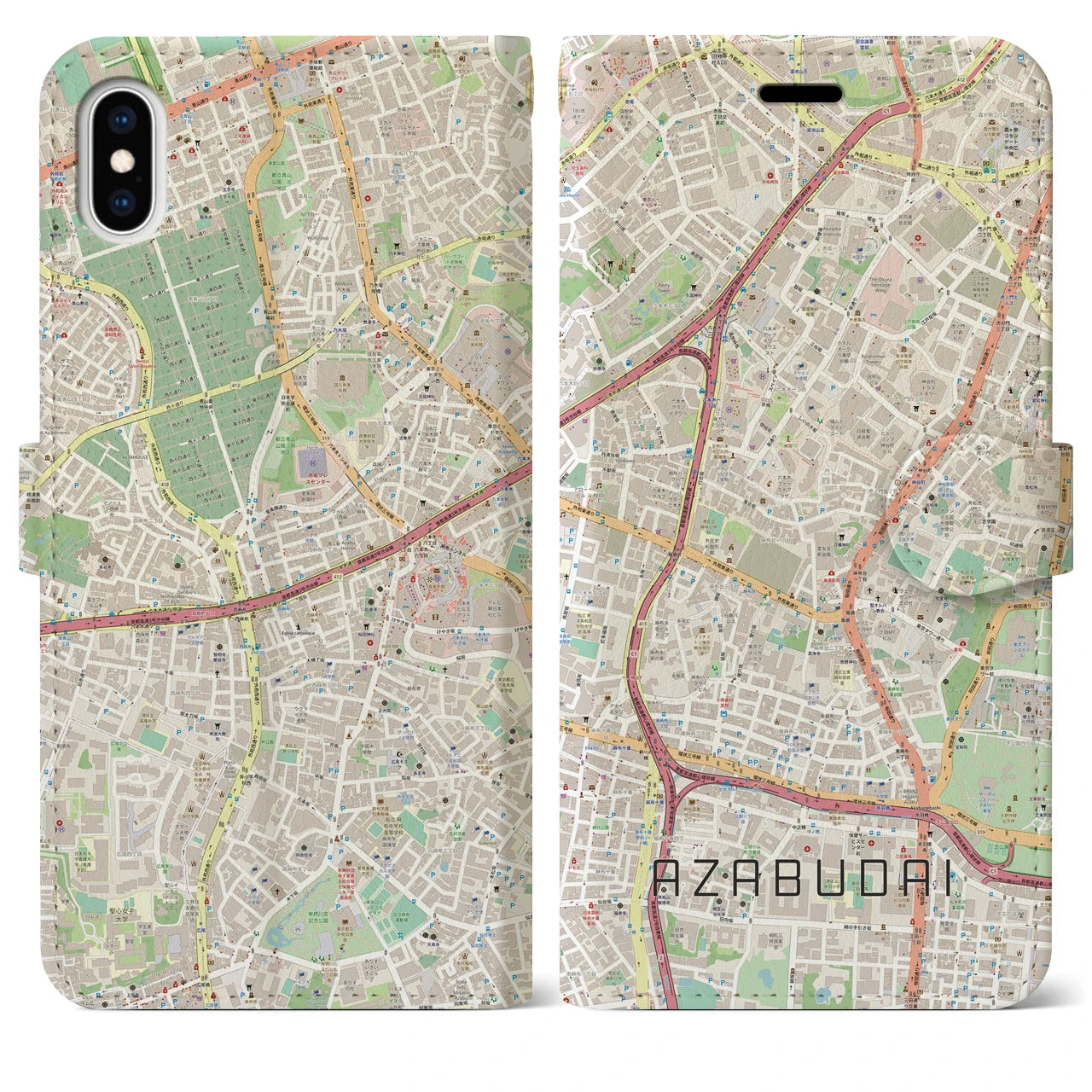 【麻布台(東京都)】地図柄iPhoneケース(手帳タイプ)ナチュラル・iPhone XS Max 用