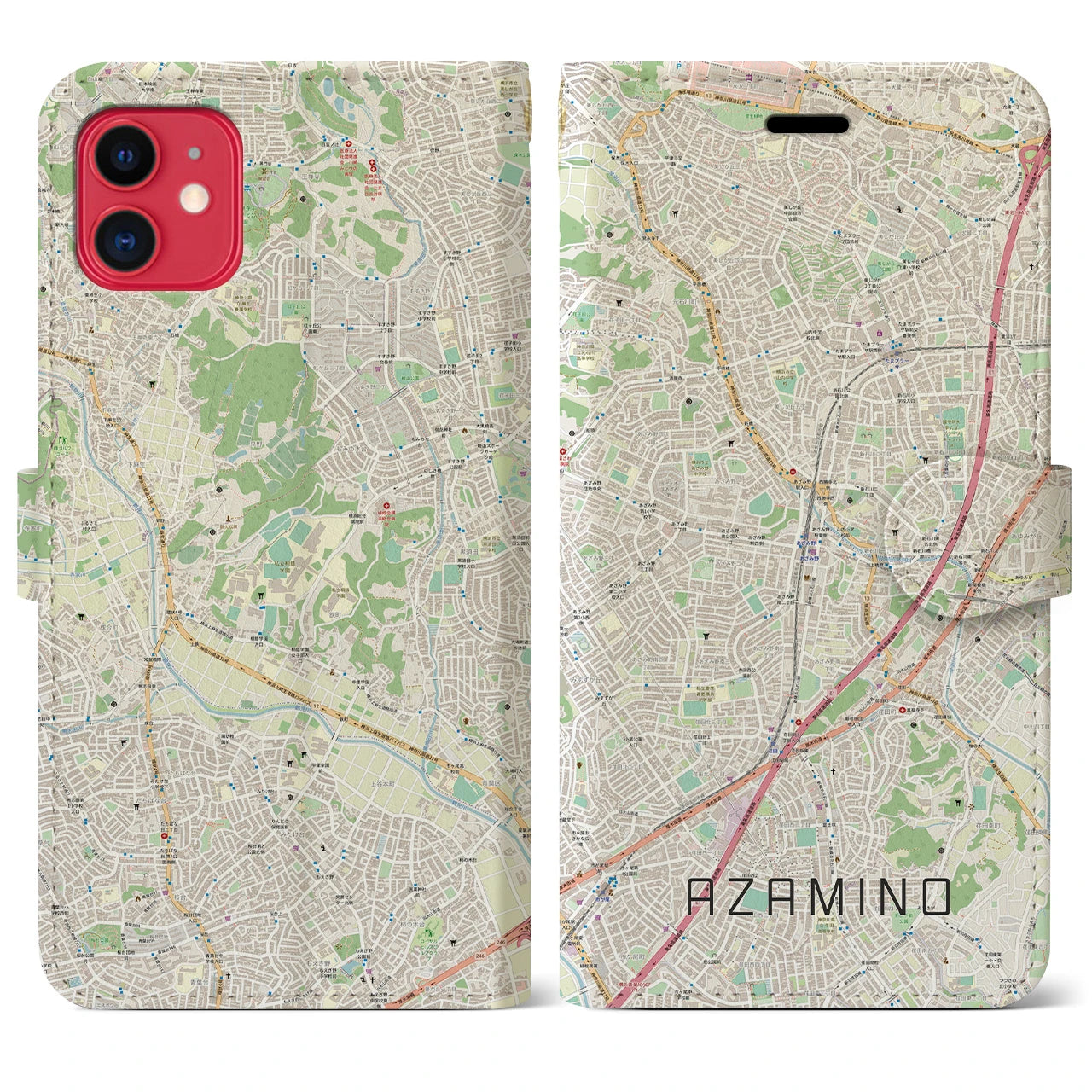 【あざみ野(神奈川県)】地図柄iPhoneケース(手帳タイプ)ナチュラル・iPhone 11 用