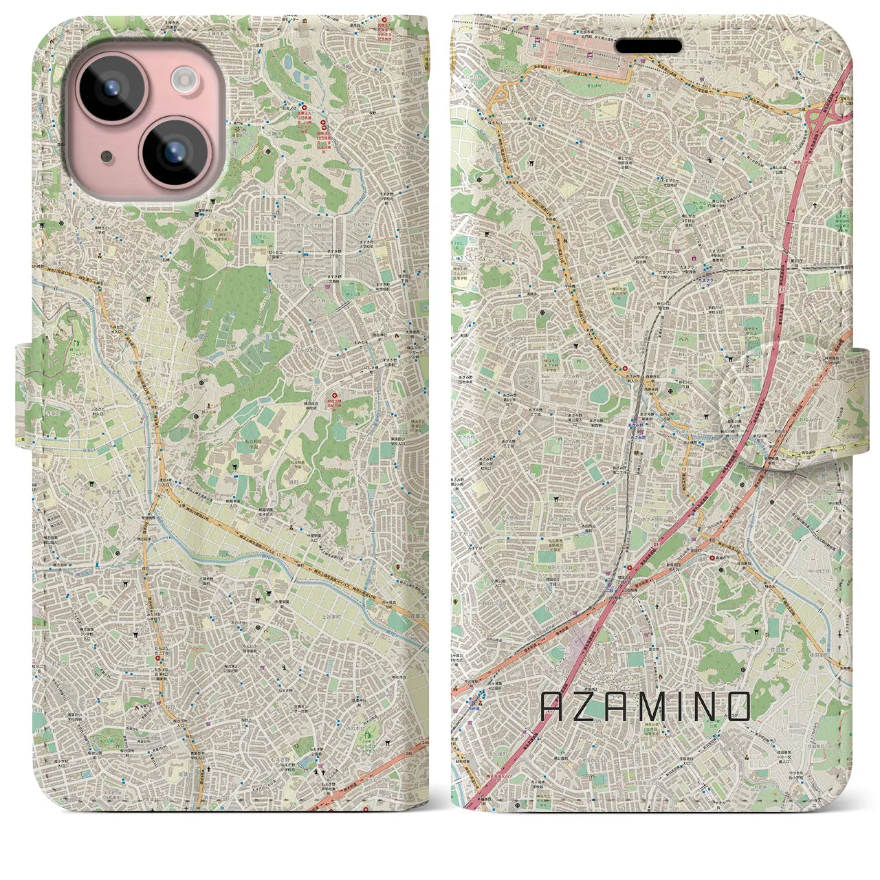 【あざみ野(神奈川県)】地図柄iPhoneケース(手帳タイプ)ナチュラル・iPhone 15 Plus 用