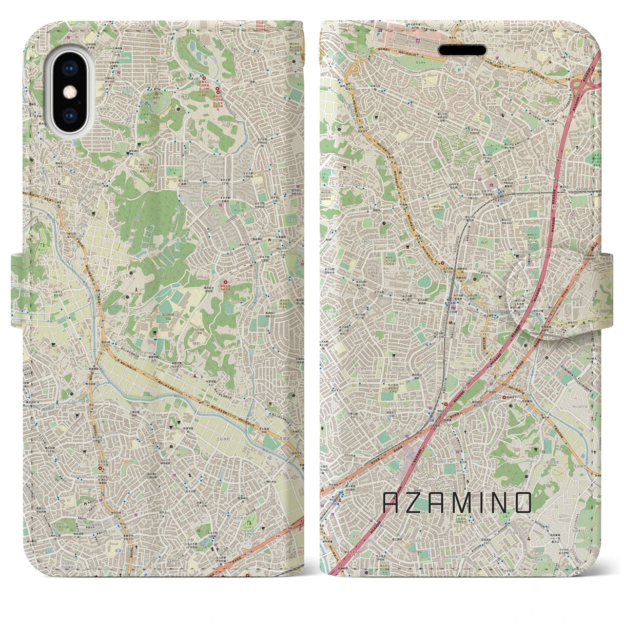 【あざみ野(神奈川県)】地図柄iPhoneケース(手帳タイプ)ナチュラル・iPhone XS Max 用