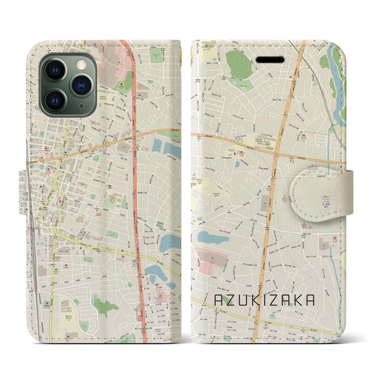 【小豆坂(愛知県)】地図柄iPhoneケース(手帳タイプ)ナチュラル・iPhone 11 Pro 用