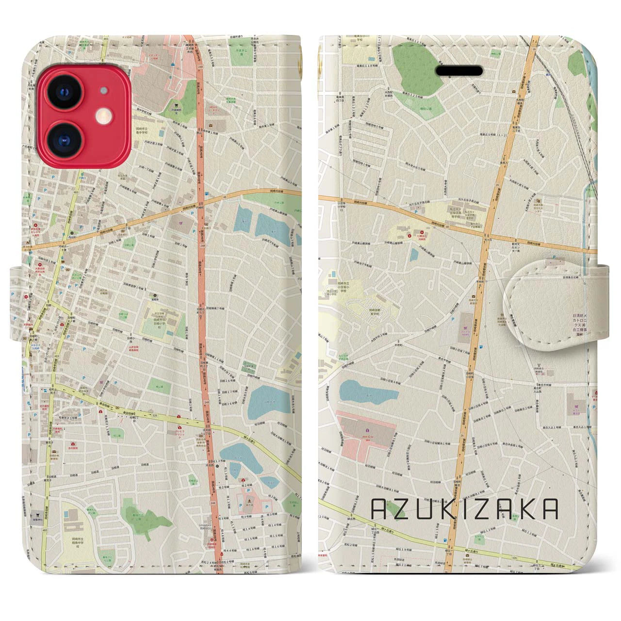 【小豆坂(愛知県)】地図柄iPhoneケース(手帳タイプ)ナチュラル・iPhone 11 用
