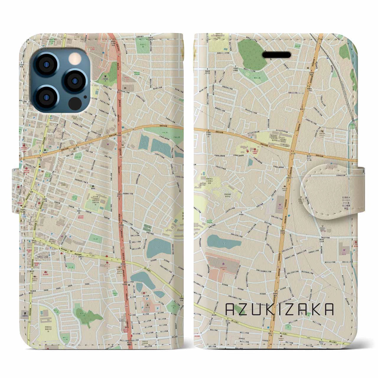 【小豆坂(愛知県)】地図柄iPhoneケース(手帳タイプ)ナチュラル・iPhone 12 / 12 Pro 用