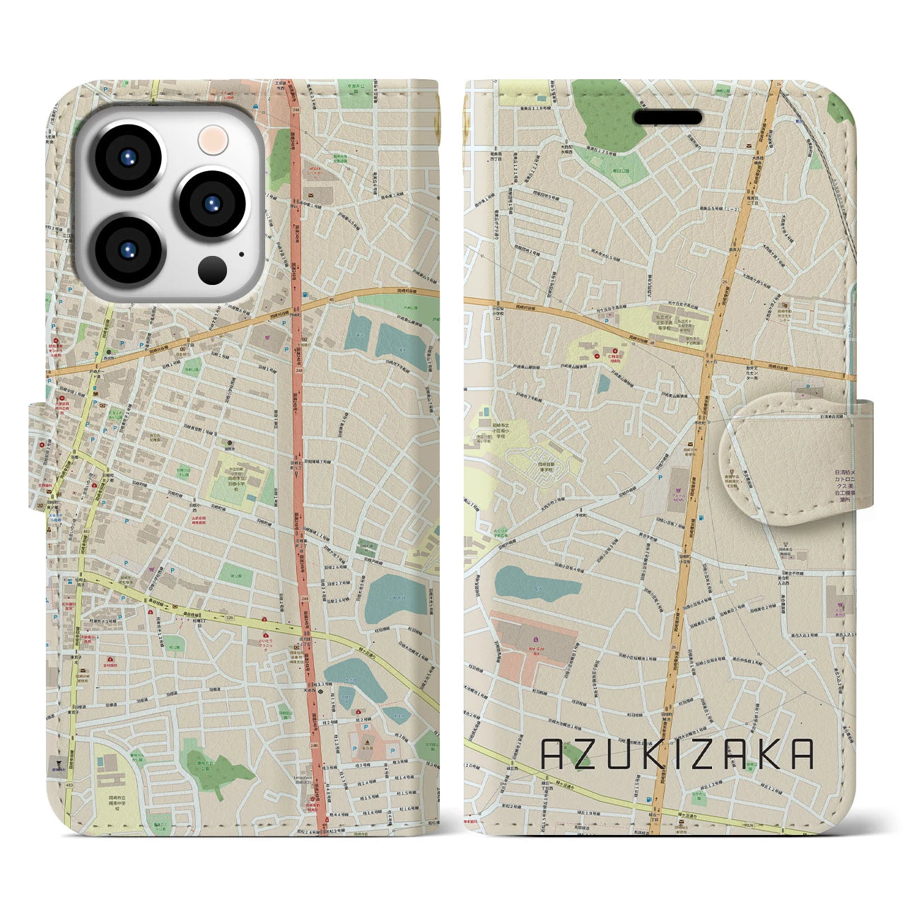 【小豆坂(愛知県)】地図柄iPhoneケース(手帳タイプ)ナチュラル・iPhone 13 Pro 用