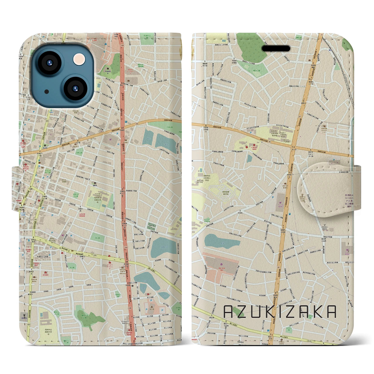 【小豆坂(愛知県)】地図柄iPhoneケース(手帳タイプ)ナチュラル・iPhone 13 用