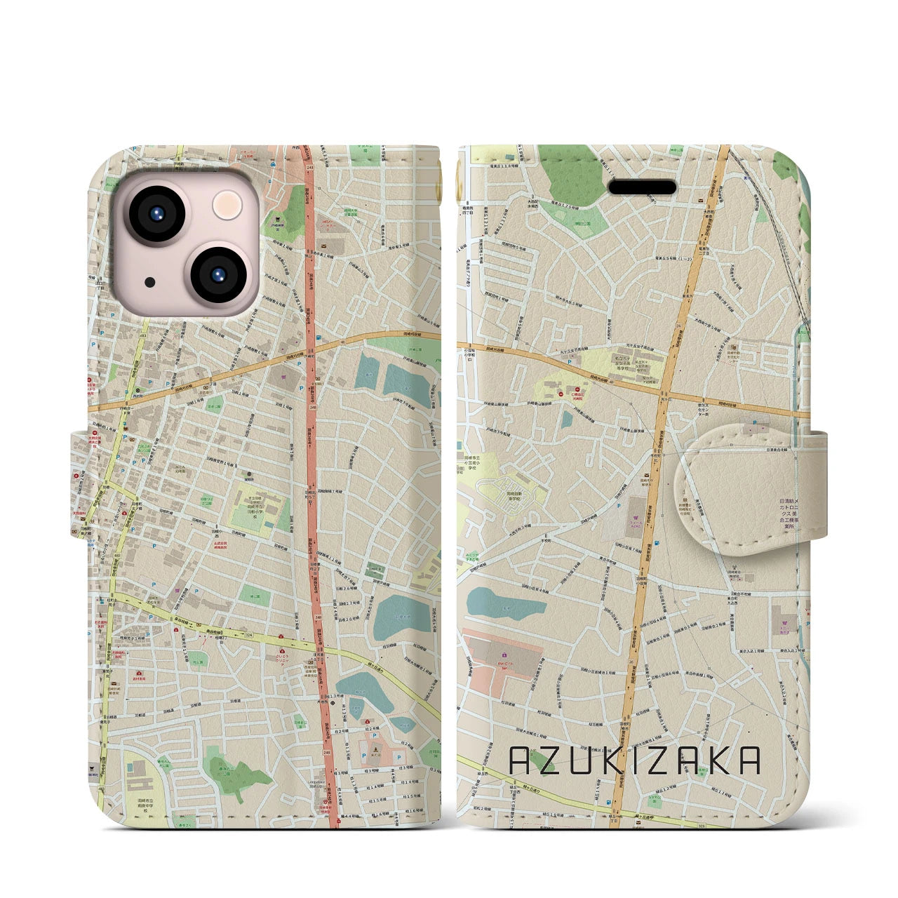 【小豆坂(愛知県)】地図柄iPhoneケース(手帳タイプ)ナチュラル・iPhone 13 mini 用