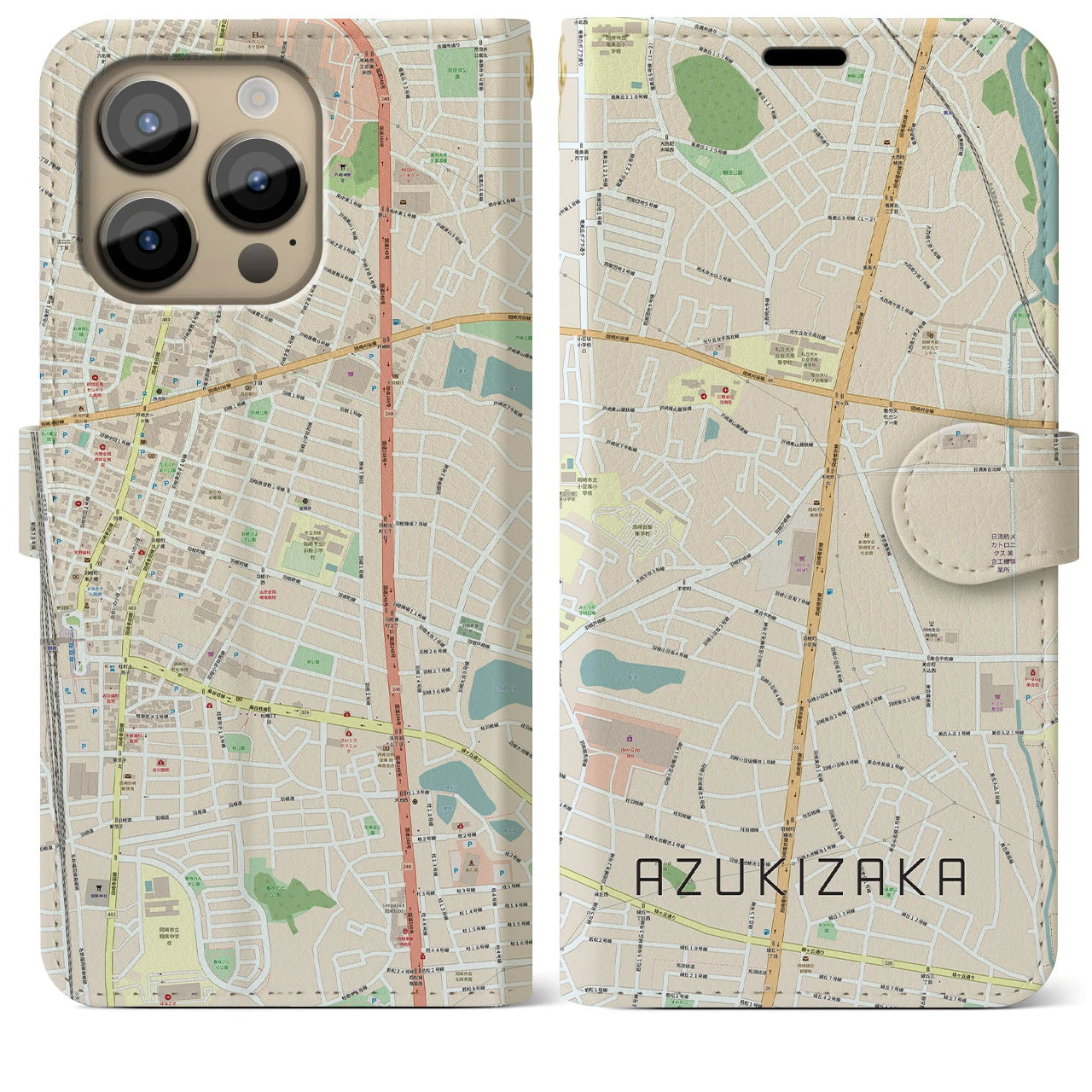 【小豆坂(愛知県)】地図柄iPhoneケース(手帳タイプ)ナチュラル・iPhone 14 Pro Max 用