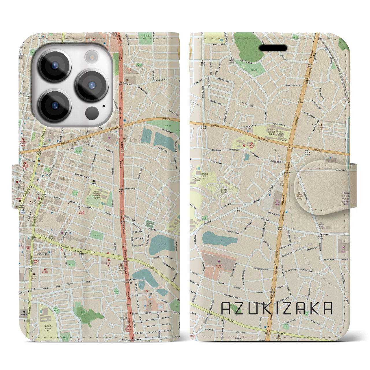 【小豆坂(愛知県)】地図柄iPhoneケース(手帳タイプ)ナチュラル・iPhone 14 Pro 用