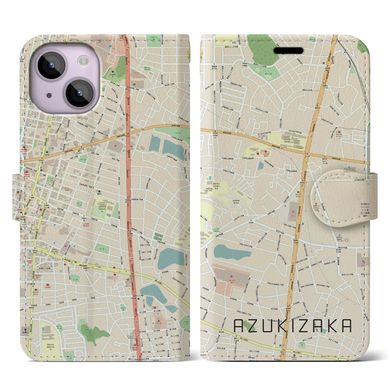 【小豆坂(愛知県)】地図柄iPhoneケース(手帳タイプ)ナチュラル・iPhone 14 用