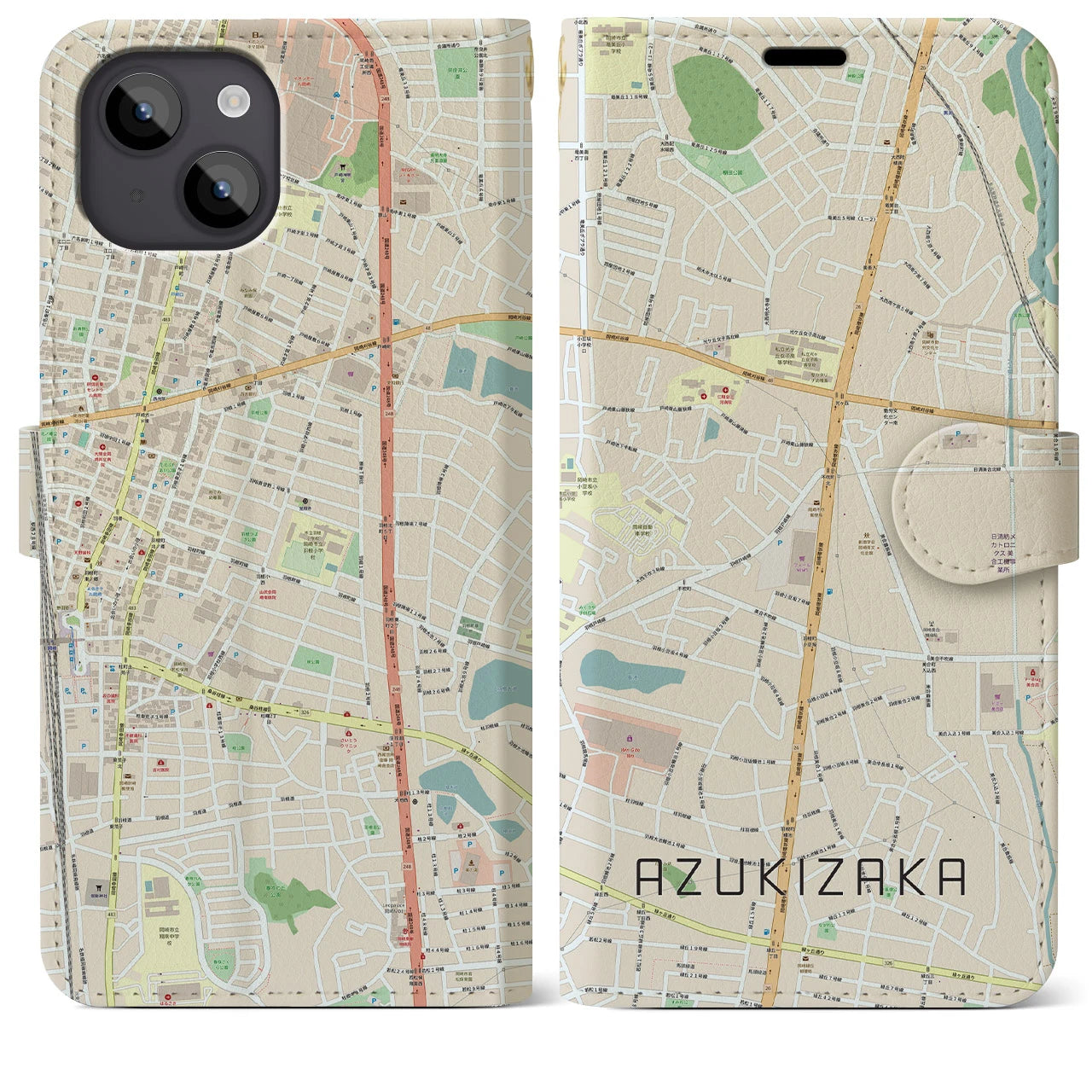 【小豆坂(愛知県)】地図柄iPhoneケース(手帳タイプ)ナチュラル・iPhone 14 Plus 用