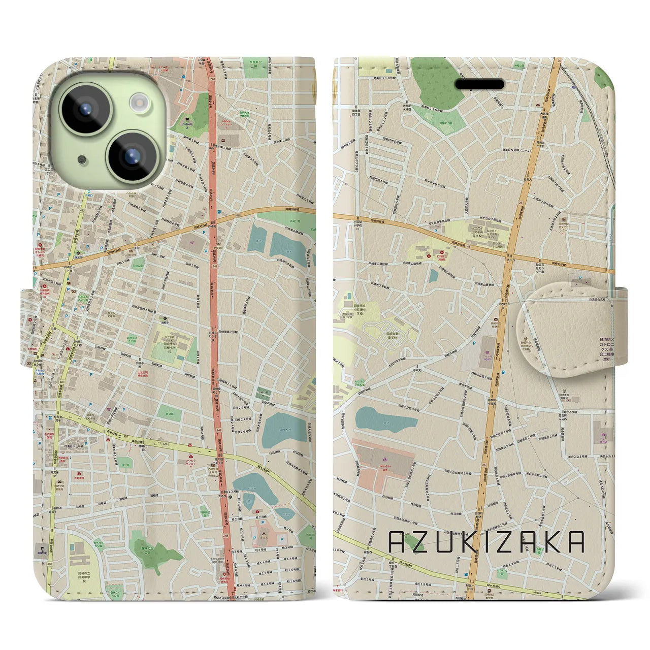 【小豆坂(愛知県)】地図柄iPhoneケース(手帳タイプ)ナチュラル・iPhone 15 用