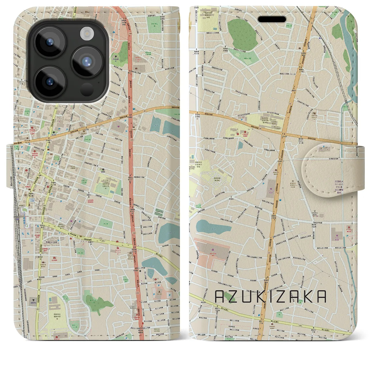 【小豆坂(愛知県)】地図柄iPhoneケース(手帳タイプ)ナチュラル・iPhone 15 Pro Max 用