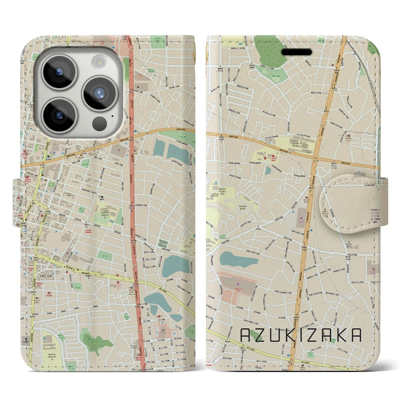 【小豆坂(愛知県)】地図柄iPhoneケース(手帳タイプ)ナチュラル・iPhone 15 Pro 用