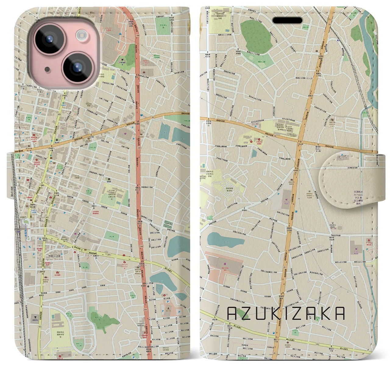 【小豆坂(愛知県)】地図柄iPhoneケース(手帳タイプ)ナチュラル・iPhone 15 Plus 用