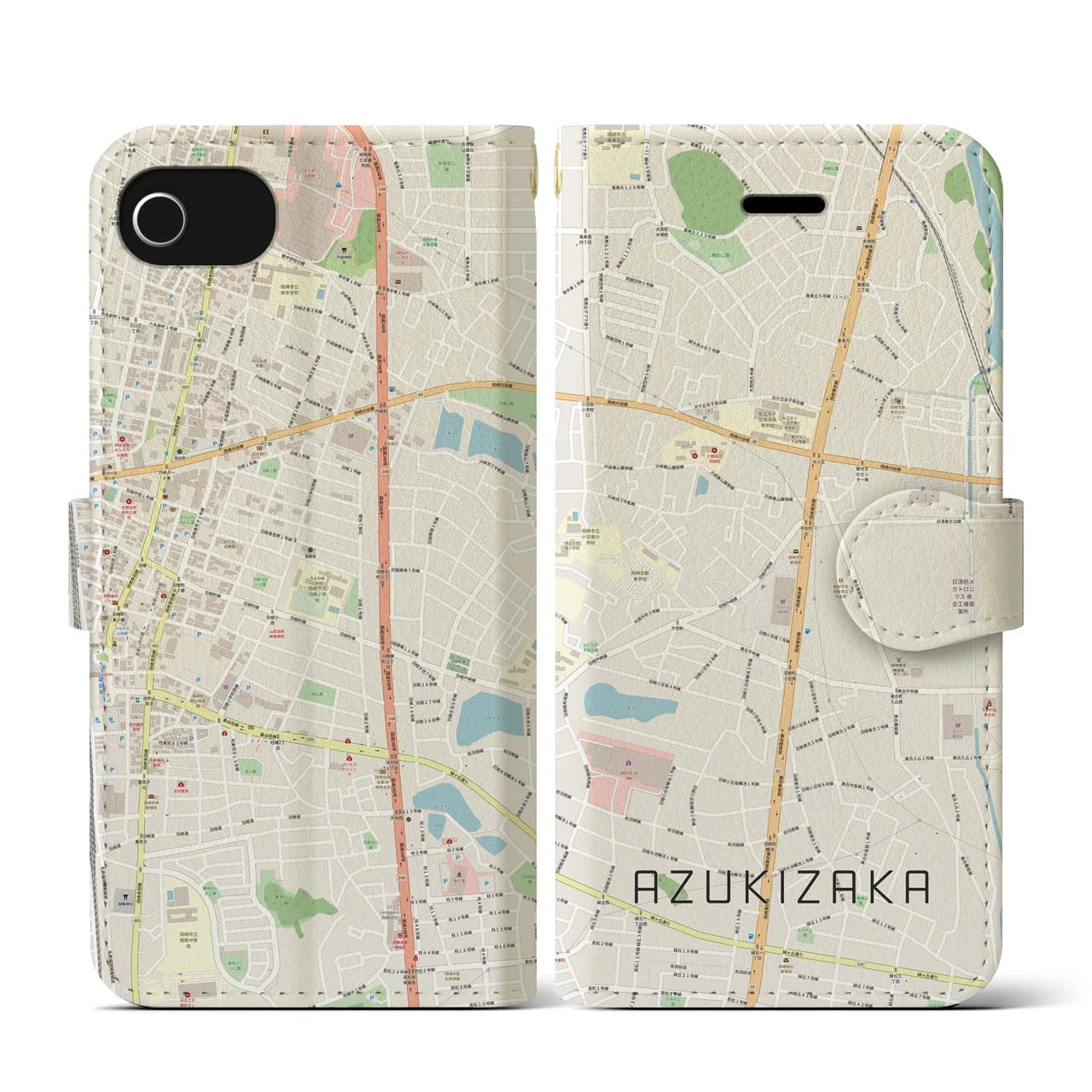 【小豆坂(愛知県)】地図柄iPhoneケース(手帳タイプ)ナチュラル・iPhone SE(第3 / 第2世代) / 8 / 7 / 6s / 6 用