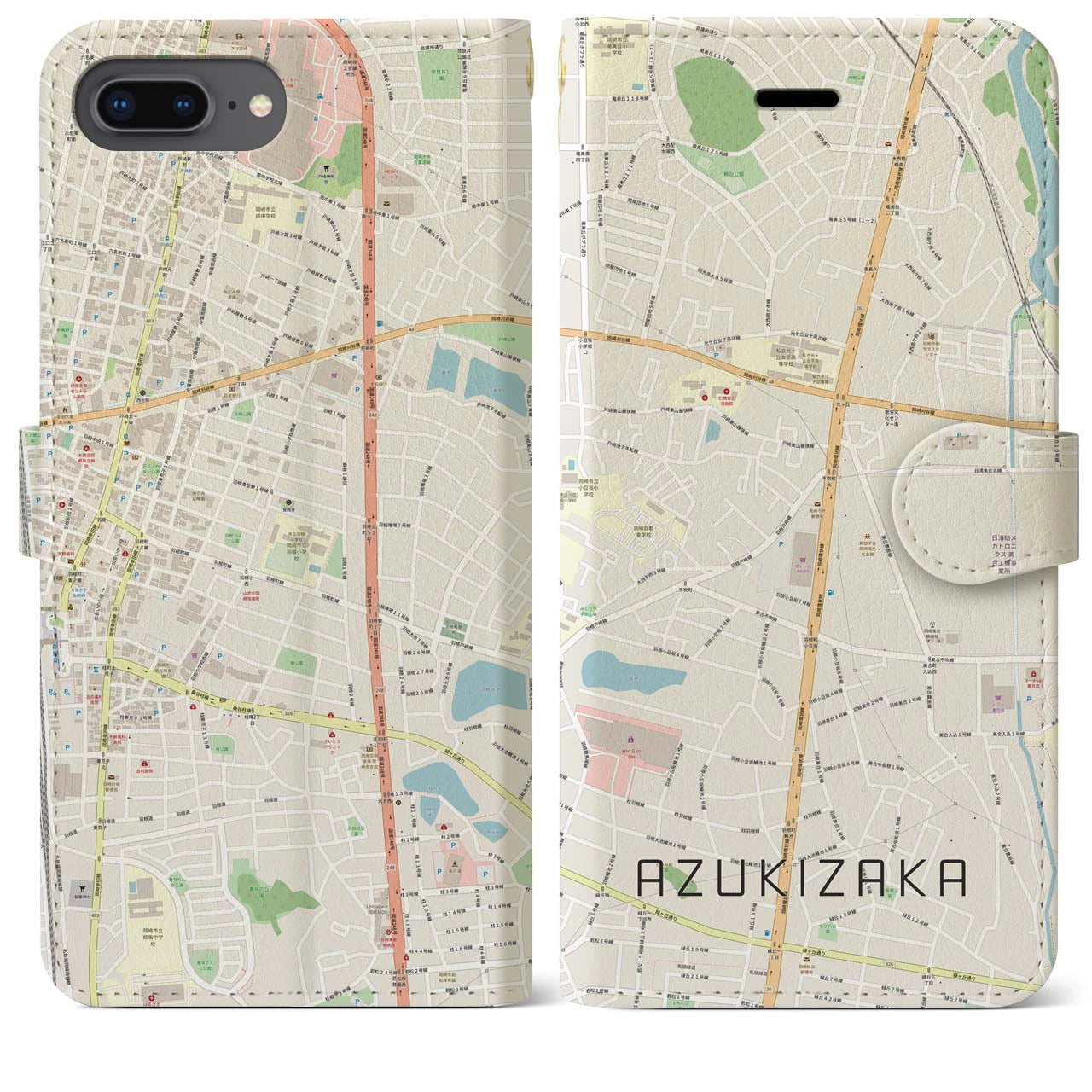 【小豆坂(愛知県)】地図柄iPhoneケース(手帳タイプ)ナチュラル・iPhone 8Plus /7Plus / 6sPlus / 6Plus 用