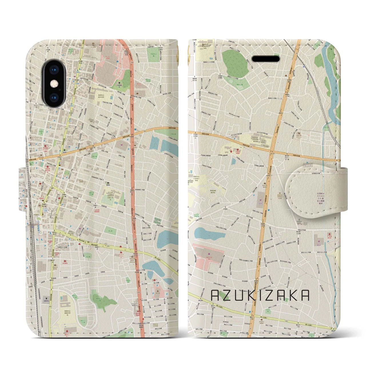 【小豆坂(愛知県)】地図柄iPhoneケース(手帳タイプ)ナチュラル・iPhone XS / X 用