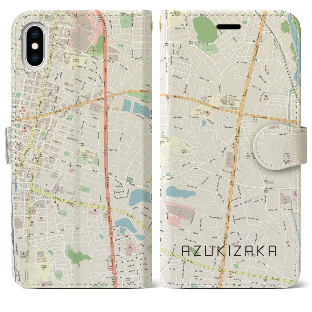 【小豆坂(愛知県)】地図柄iPhoneケース(手帳タイプ)ナチュラル・iPhone XS Max 用