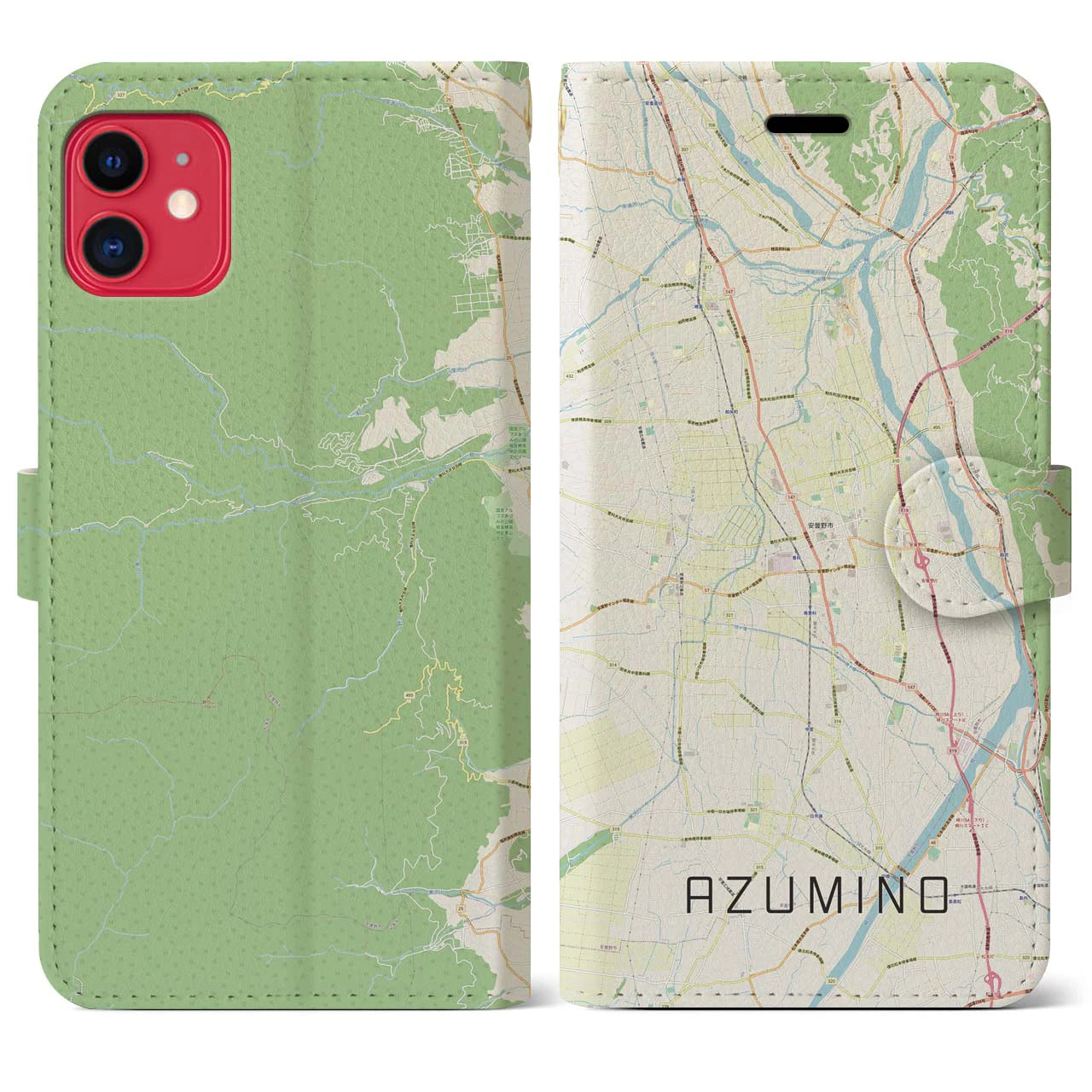 【安曇野(長野県)】地図柄iPhoneケース(手帳タイプ)ナチュラル・iPhone 11 用