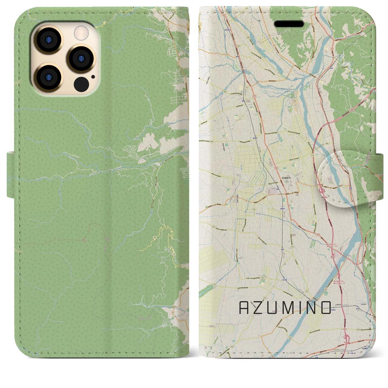 【安曇野(長野県)】地図柄iPhoneケース(手帳タイプ)ナチュラル・iPhone 12 Pro Max 用