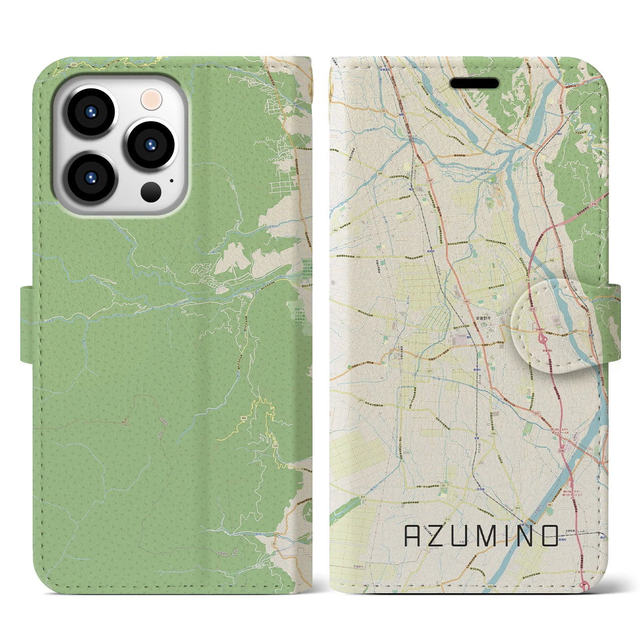 【安曇野(長野県)】地図柄iPhoneケース(手帳タイプ)ナチュラル・iPhone 13 Pro 用