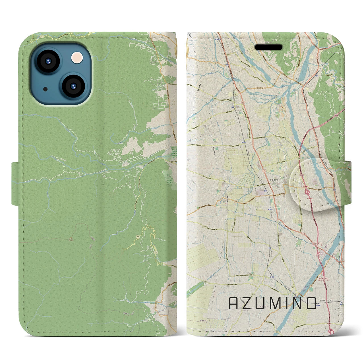 【安曇野(長野県)】地図柄iPhoneケース(手帳タイプ)ナチュラル・iPhone 13 用