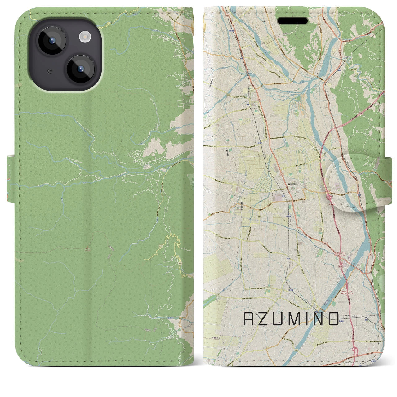 【安曇野(長野県)】地図柄iPhoneケース(手帳タイプ)ナチュラル・iPhone 14 Plus 用