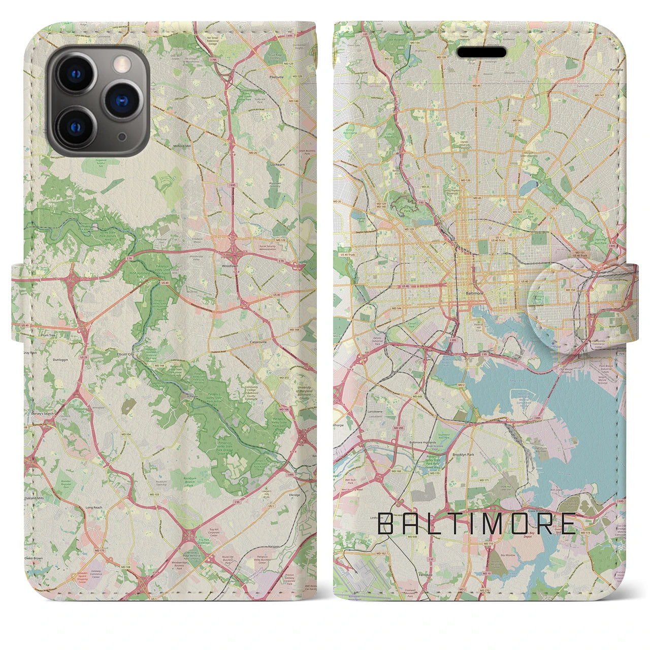 【ボルチモア(アメリカ)】地図柄iPhoneケース(手帳タイプ)ナチュラル・iPhone 11 Pro Max 用