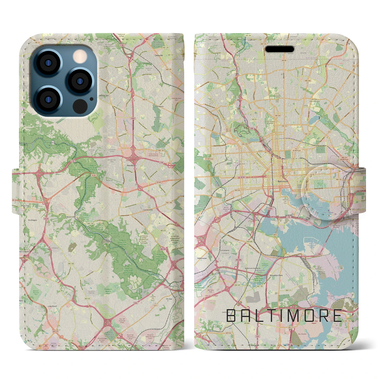 【ボルチモア(アメリカ)】地図柄iPhoneケース(手帳タイプ)ナチュラル・iPhone 12 / 12 Pro 用