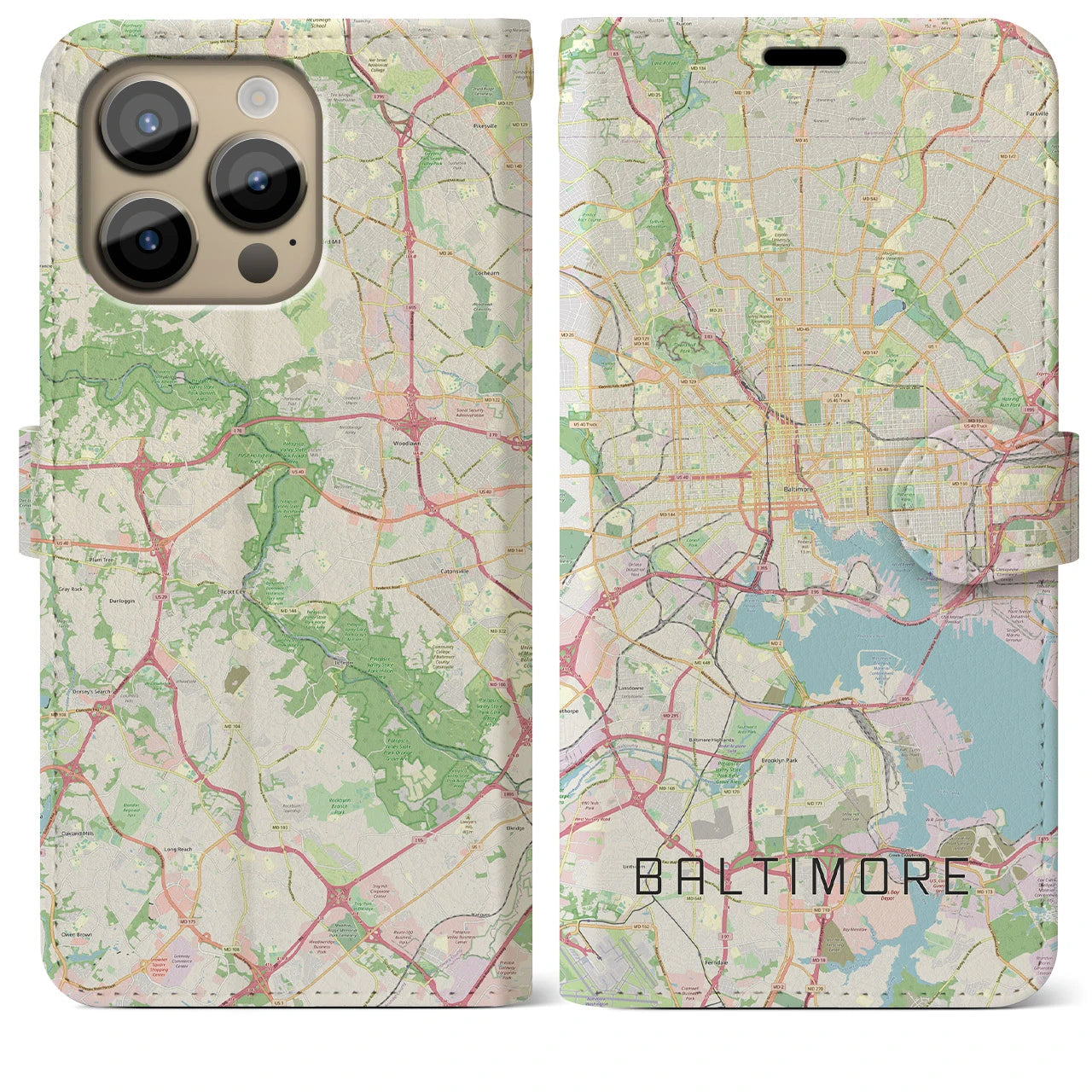 【ボルチモア(アメリカ)】地図柄iPhoneケース(手帳タイプ)ナチュラル・iPhone 14 Pro Max 用