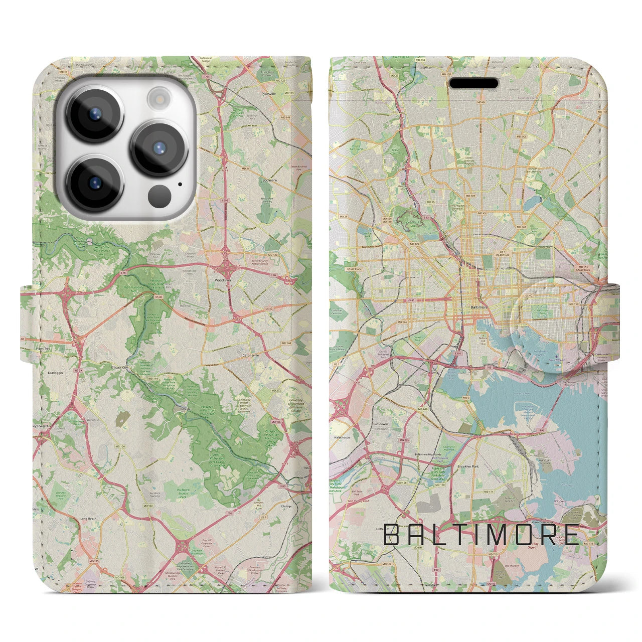 【ボルチモア(アメリカ)】地図柄iPhoneケース(手帳タイプ)ナチュラル・iPhone 14 Pro 用