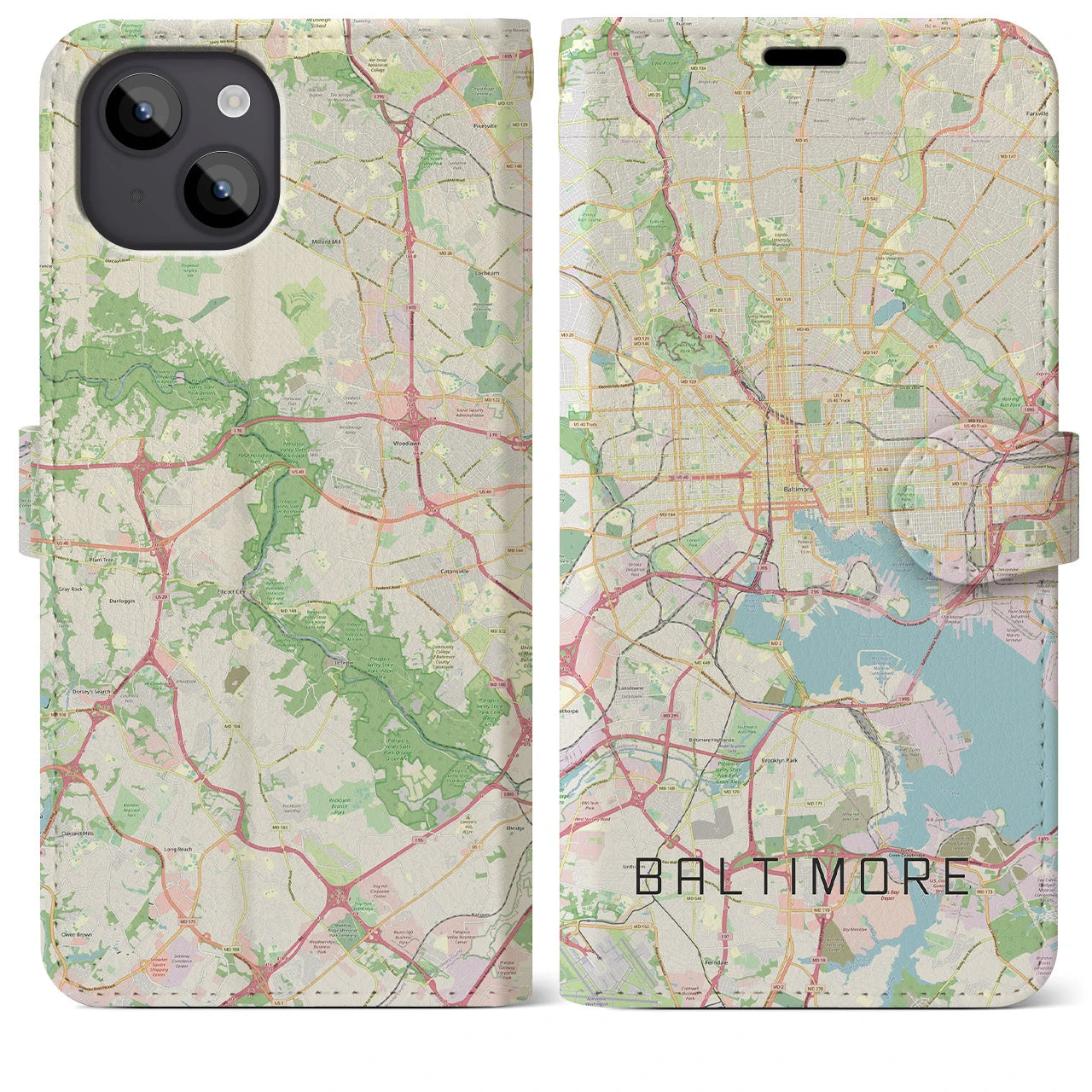 【ボルチモア(アメリカ)】地図柄iPhoneケース(手帳タイプ)ナチュラル・iPhone 14 Plus 用