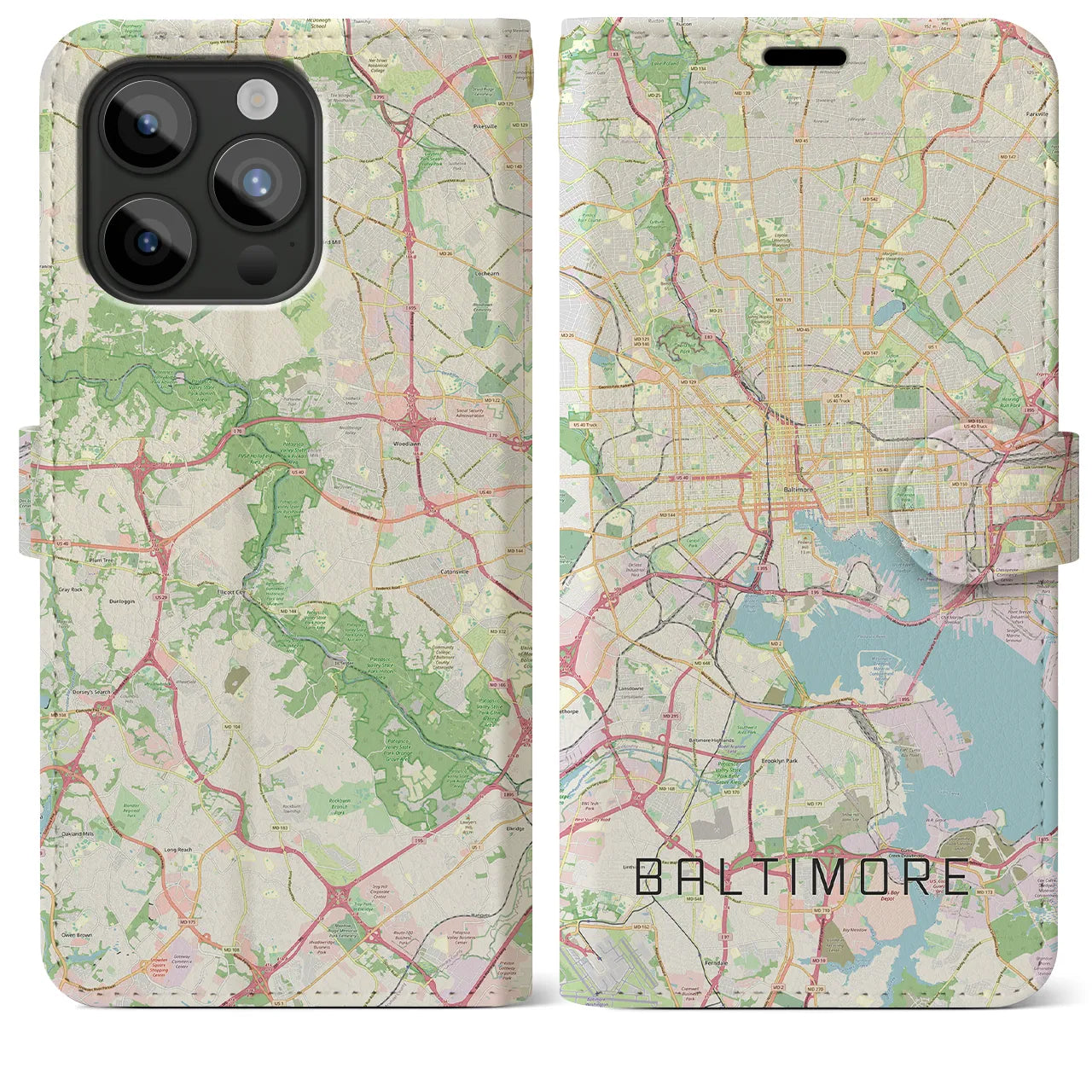【ボルチモア(アメリカ)】地図柄iPhoneケース(手帳タイプ)ナチュラル・iPhone 15 Pro Max 用