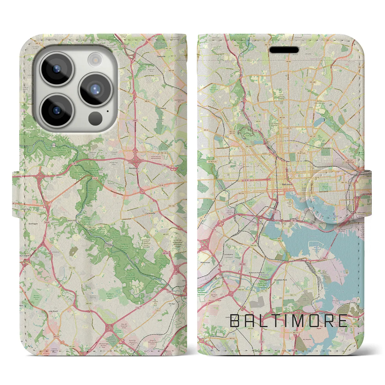 【ボルチモア(アメリカ)】地図柄iPhoneケース(手帳タイプ)ナチュラル・iPhone 15 Pro 用