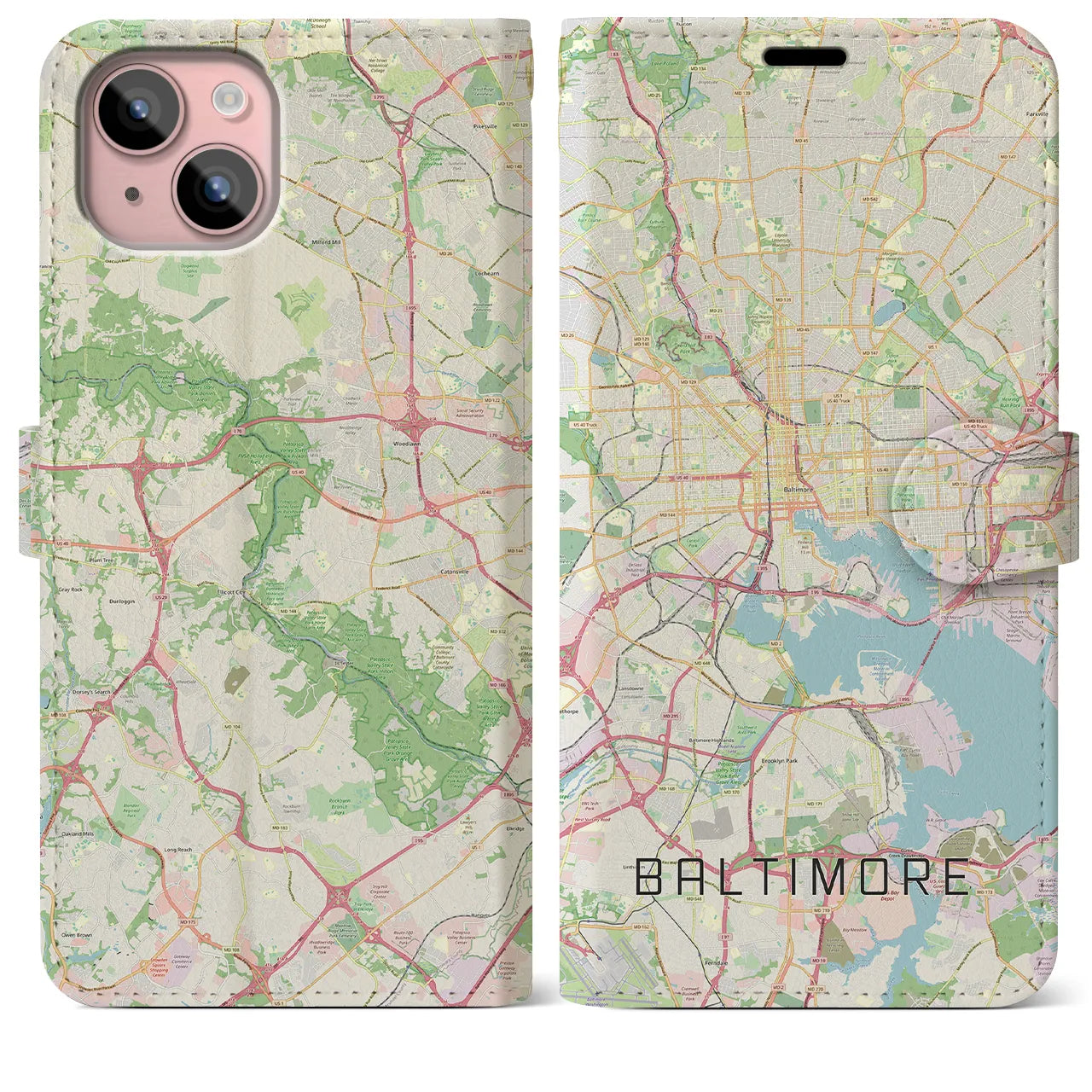 【ボルチモア(アメリカ)】地図柄iPhoneケース(手帳タイプ)ナチュラル・iPhone 15 Plus 用