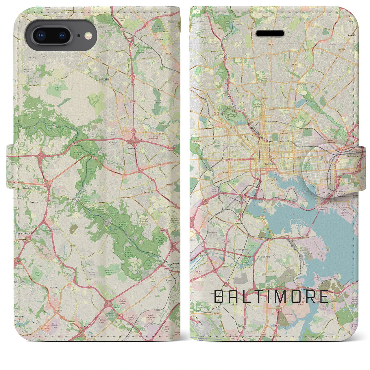 【ボルチモア(アメリカ)】地図柄iPhoneケース(手帳タイプ)ナチュラル・iPhone 8Plus /7Plus / 6sPlus / 6Plus 用