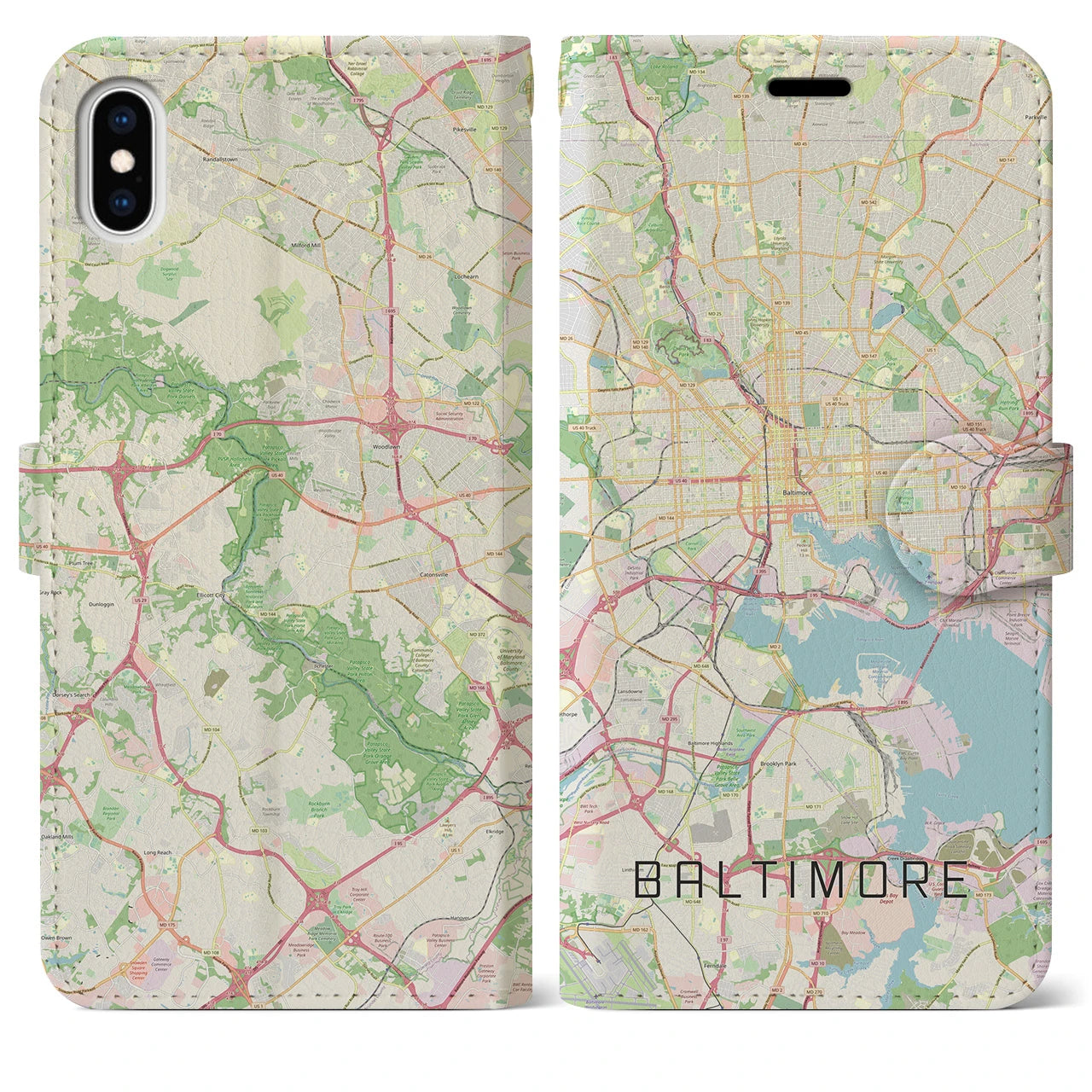【ボルチモア(アメリカ)】地図柄iPhoneケース(手帳タイプ)ナチュラル・iPhone XS Max 用