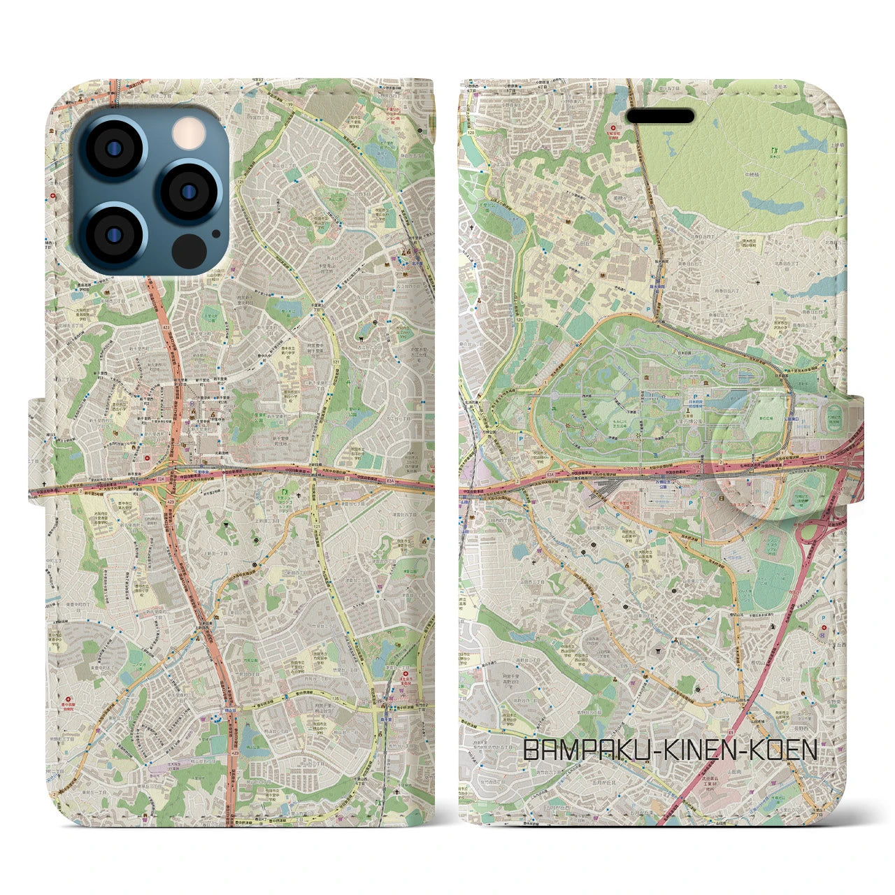 【万博記念公園(大阪府)】地図柄iPhoneケース(手帳タイプ)ナチュラル・iPhone 12 / 12 Pro 用