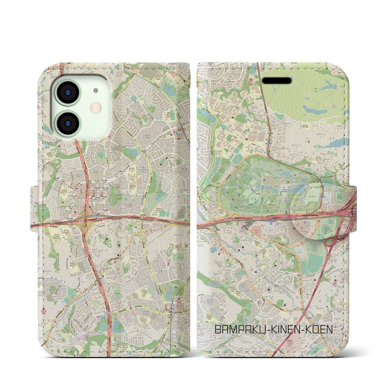 【万博記念公園(大阪府)】地図柄iPhoneケース(手帳タイプ)ナチュラル・iPhone 12 mini 用