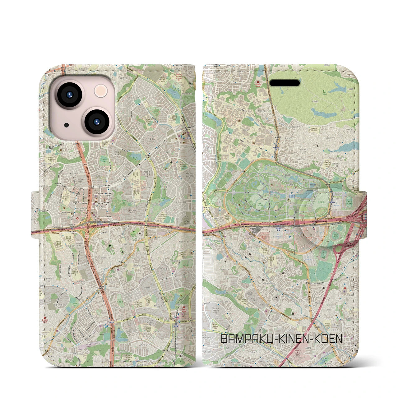 【万博記念公園(大阪府)】地図柄iPhoneケース(手帳タイプ)ナチュラル・iPhone 13 mini 用