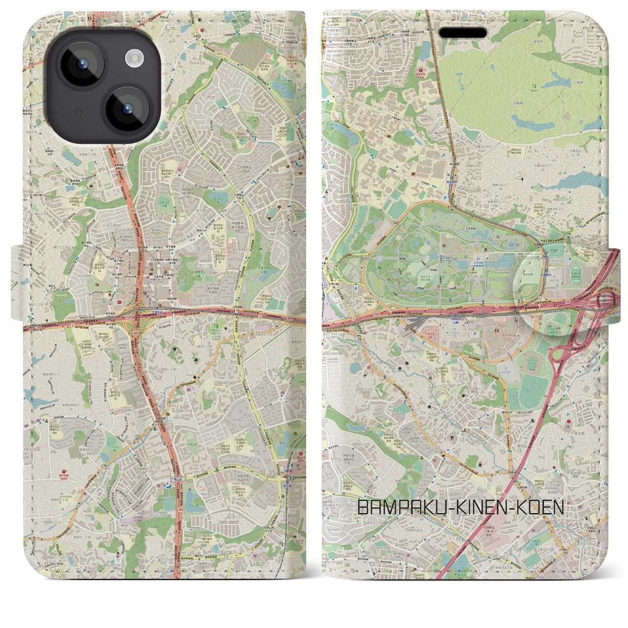 【万博記念公園(大阪府)】地図柄iPhoneケース(手帳タイプ)ナチュラル・iPhone 14 Plus 用