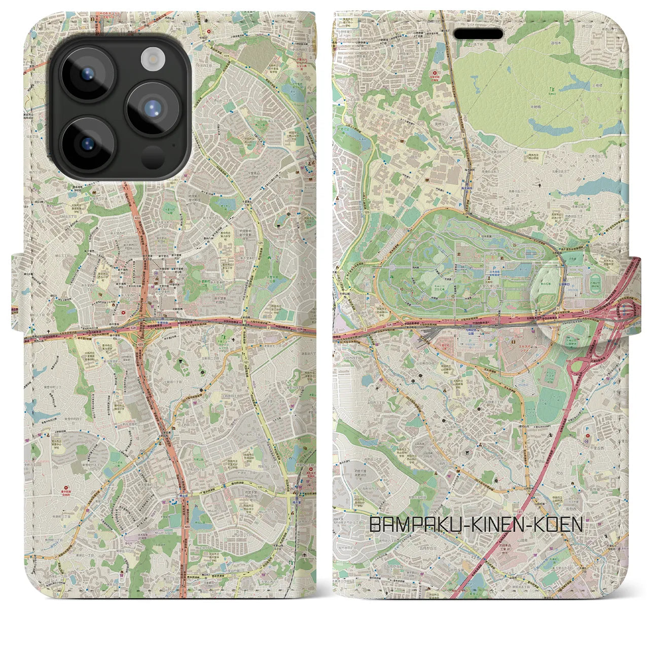 【万博記念公園(大阪府)】地図柄iPhoneケース(手帳タイプ)ナチュラル・iPhone 15 Pro Max 用