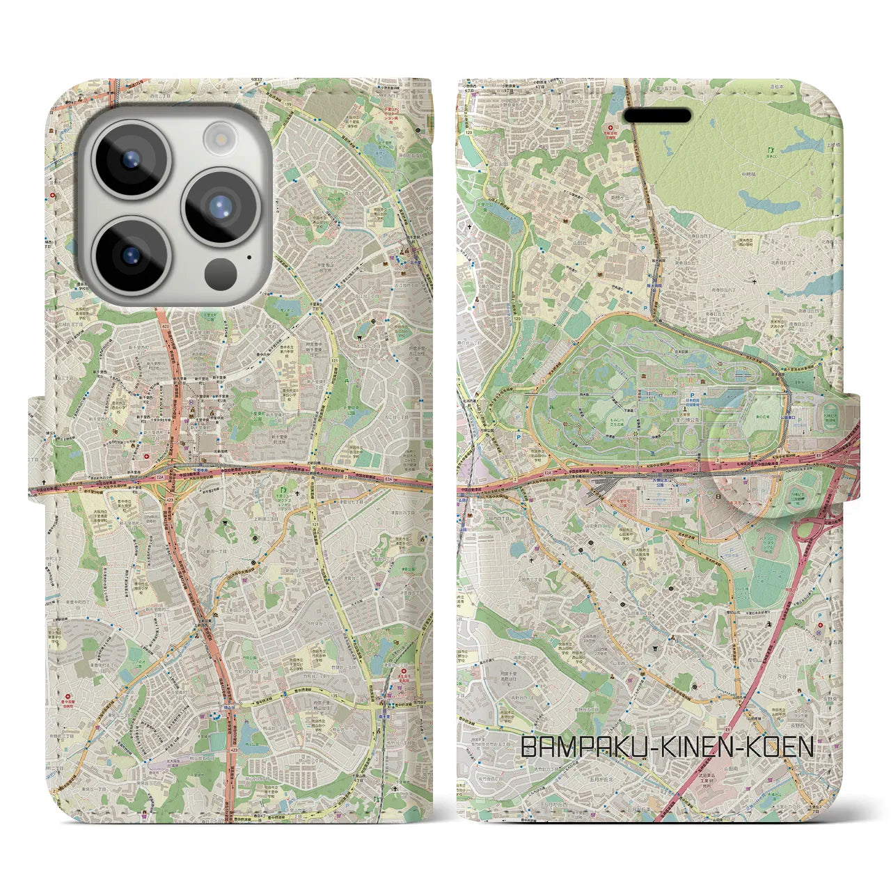 【万博記念公園(大阪府)】地図柄iPhoneケース(手帳タイプ)ナチュラル・iPhone 15 Pro 用