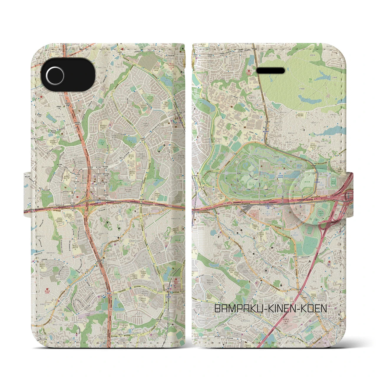 【万博記念公園(大阪府)】地図柄iPhoneケース(手帳タイプ)ナチュラル・iPhone SE(第3 / 第2世代) / 8 / 7 / 6s / 6 用