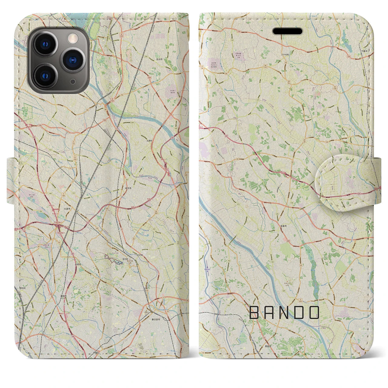 【坂東(茨城県)】地図柄iPhoneケース(手帳タイプ)ナチュラル・iPhone 11 Pro Max 用